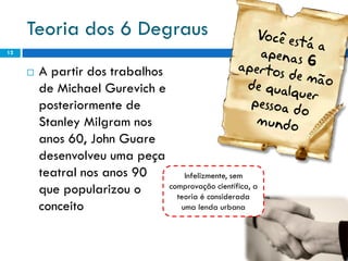 Teoria dos 6 Degraus
12


        A partir dos trabalhos
         de Michael Gurevich e
         posteriormente de
         Stanley Milgram nos
         anos 60, John Guare
         desenvolveu uma peça
         teatral nos anos 90        Infelizmente, sem
         que popularizou o      comprovação científica, a
                                  teoria é considerada
         conceito                  uma lenda urbana
 