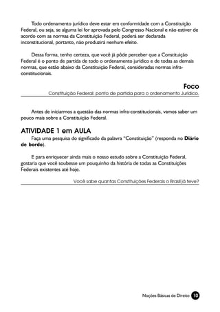 Todo ordenamento jurídico deve estar em conformidade com a Constituição
Federal, ou seja, se alguma lei for aprovada pelo Congresso Nacional e não estiver de
acordo com as normas da Constituição Federal, poderá ser declarada
inconstitucional, portanto, não produzirá nenhum efeito.

     Dessa forma, tenho certeza, que você já pôde perceber que a Constituição
Federal é o ponto de partida de todo o ordenamento jurídico e de todas as demais
normas, que estão abaixo da Constituição Federal, consideradas normas infra-
constitucionais.

                                                                              Foco
             Constituição Federal: ponto de partida para o ordenamento Jurídico.



    Antes de iniciarmos a questão das normas infra-constitucionais, vamos saber um
pouco mais sobre a Constituição Federal.

ATIVIDADE 1 em AULA
    Faça uma pesquisa do significado da palavra “Constituição” (responda no Diário
de bordo).

     E para enriquecer ainda mais o nosso estudo sobre a Constituição Federal,
gostaria que você soubesse um pouquinho da história de todas as Constituições
Federais existentes até hoje.

                         Você sabe quantas Constituições Federais o Brasil já teve?




                                                          Noções Básicas de Direito 10
 