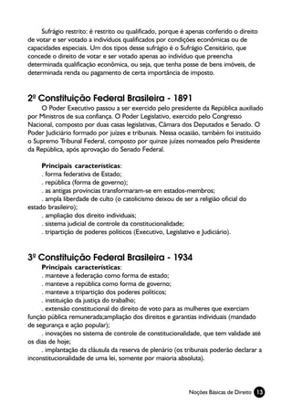 Sufrágio restrito: é restrito ou qualificado, porque é apenas conferido o direito
de votar e ser votado a indivíduos qualificados por condições econômicas ou de
capacidades especiais. Um dos tipos desse sufrágio é o Sufrágio Censitário, que
concede o direito de votar e ser votado apenas ao indivíduo que preencha
determinada qualificação econômica, ou seja, que tenha posse de bens imóveis, de
determinada renda ou pagamento de certa importância de imposto.


2ª Constituição Federal Brasileira - 1891
    O Poder Executivo passou a ser exercido pelo presidente da República auxiliado
por Ministros de sua confiança. O Poder Legislativo, exercido pelo Congresso
Nacional, composto por duas casas legislativas, Câmara dos Deputados e Senado. O
Poder Judiciário formado por juízes e tribunais. Nessa ocasião, também foi instituído
o Supremo Tribunal Federal, composto por quinze juízes nomeados pelo Presidente
da República, após aprovação do Senado Federal.

     Principais características:
     . forma federativa de Estado;
     . república (forma de governo);
     . as antigas províncias transformaram-se em estados-membros;
     . ampla liberdade de culto (o catolicismo deixou de ser a religião oficial do
estado brasileiro);
     . ampliação dos direito individuais;
     . sistema judicial de controle da constitucionalidade;
     . tripartição de poderes políticos (Executivo, Legislativo e Judiciário).


3ª Constituição Federal Brasileira - 1934
     Principais características:
     . manteve a federação como forma de estado;
     . manteve a república como forma de governo;
     . manteve a tripartição dos poderes políticos;
     . instituição da justiça do trabalho;
     . extensão constitucional do direito de voto para as mulheres que exerciam
função pública remunerada;ampliação dos direitos e garantias individuais (mandado
de segurança e ação popular);
     . inovações no sistema de controle de constitucionalidade, que tem validade até
os dias de hoje;
     . implantação da cláusula da reserva de plenário (os tribunais poderão declarar a
inconstitucionalidade de uma lei, somente por maioria absoluta).



                                                            Noções Básicas de Direito 13
 