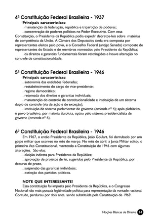 4ª Constituição Federal Brasileira - 1937
     Principais características:
     . manutenção da federação, república e tripartição de poderes;
     . concentração de poderes políticos no Poder Executivo. Com essa
Constituição, o Presidente da República podia expedir decretos-leis sobre matérias
de competência da União. A Câmara dos Deputados ainda era composta por
representantes eleitos pelo povo, e o Conselho Federal (antigo Senado) composto de
representantes do Estado e de membros nomeados pelo Presidente da República;
     . os direitos e garantias fundamentais foram restringidos e houve alteração no
controle de constitucionalidade.


5ª Constituição Federal Brasileira - 1946
     Principais características:
     . autonomia das entidades federadas;
     . restabelecimento do cargo de vice-presidente;
     . regime democrático;
     . retomada dos direitos e garantias individuais;
     . manutenção do controle de constitucionalidade e instituição de um sistema
duplo de controle (via de ação e de exceção);
     . instituição de sistema parlamentar de governo (emenda nº 4); após plebiscito,
o povo brasileiro, por maioria absoluta, optou pelo sistema presidencialista de
governo (emenda nº 6).


6ª Constituição Federal Brasileira - 1946
      Em 1967, o então Presidente da República, João Goulart, foi derrubado por um
golpe militar que ocorreu no mês de março. No mês de abril, a Junta Militar editou o
primeiro Ato Constitucional, mantendo a Constituição de 1946 com algumas
alterações. São elas:
      . eleição indireta para Presidente da República;
      . aprovação de projetos de lei, sugeridos pelo Presidente da República, por
decurso de prazo.
      . suspensão das garantias individuais;
      . extinção dos partidos políticos.

    NOTE QUE INTERESSANTE!
    Essa constituição foi imposta pelo Presidente da República, e o Congresso
Nacional não mais possuía legitimidade política para representação da vontade nacional.
Contudo, perdurou por dois anos, sendo substituída pela Constituição de 1969.



                                                           Noções Básicas de Direito 14
 