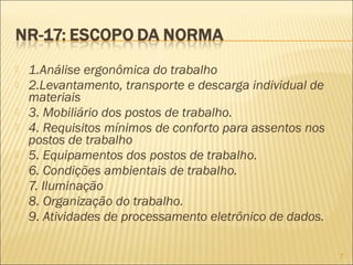  1.Análise ergonômica do trabalho
 2.Levantamento, transporte e descarga individual de
materiais
 3. Mobiliário dos postos de trabalho.
 4. Requisitos mínimos de conforto para assentos nos
postos de trabalho
 5. Equipamentos dos postos de trabalho.
 6. Condições ambientais de trabalho.
 7. Iluminação
 8. Organização do trabalho.
 9. Atividades de processamento eletrônico de dados.
7
 