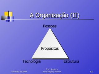 A Organização (II) 10 de Junho de 2009 Prof. Sergio.Jr www.sergio.jr.nom.br Propósitos Pessoas Tecnologia Estrutura 