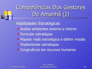 Competências Dos Gestores De Amanhã (I) Habilidades Estratégicas Avaliar ambientes externo e interno Formular estratégias Mapear visão estratégica e definir missão Implementar estratégias Congruência em recursos humanos 10 de Junho de 2009 Prof. Sergio.Jr www.sergio.jr.nom.br 