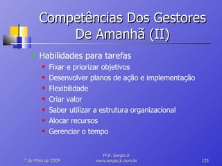 Competências Dos Gestores De Amanhã (II) Habilidades para tarefas Fixar e priorizar objetivos Desenvolver planos de ação e implementação Flexibilidade Criar valor Saber utilizar a estrutura organizacional Alocar recursos Gerenciar o tempo 10 de Junho de 2009 Prof. Sergio.Jr www.sergio.jr.nom.br 