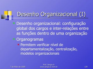 Desenho Organizacional (I) Desenho organizacional: configuração global dos cargos e inter-relações entre as funções dentro de uma organização Organogramas Permitem verificar nível de departamentalização, centralização, modelos organizacionais 10 de Junho de 2009 Prof. Sergio.Jr www.sergio.jr.nom.br 