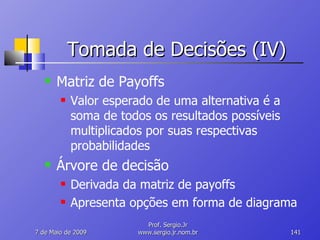 Tomada de Decisões (IV) Matriz de Payoffs Valor esperado de uma alternativa é a soma de todos os resultados possíveis multiplicados por suas respectivas probabilidades Árvore de decisão Derivada da matriz de payoffs Apresenta opções em forma de diagrama 10 de Junho de 2009 Prof. Sergio.Jr www.sergio.jr.nom.br 