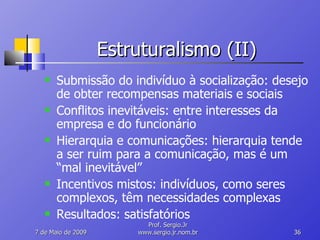 Estruturalismo (II) Submissão do indivíduo à socialização: desejo de obter recompensas materiais e sociais Conflitos inevitáveis: entre interesses da empresa e do funcionário Hierarquia e comunicações: hierarquia tende a ser ruim para a comunicação, mas é um “mal inevitável” Incentivos mistos: indivíduos, como seres complexos, têm necessidades complexas Resultados: satisfatórios 10 de Junho de 2009 Prof. Sergio.Jr www.sergio.jr.nom.br 
