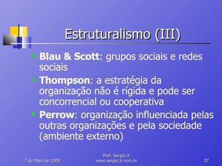 Estruturalismo (III) Blau & Scott : grupos sociais e redes sociais Thompson : a estratégia da organização não é rígida e pode ser concorrencial ou cooperativa Perrow : organização influenciada pelas outras organizações e pela sociedade (ambiente externo) 10 de Junho de 2009 Prof. Sergio.Jr www.sergio.jr.nom.br 