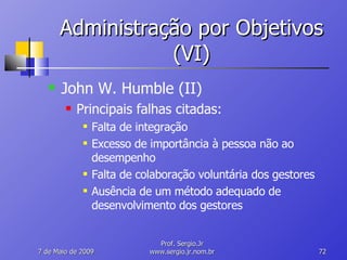 Administração por Objetivos (VI) John W. Humble (II) Principais falhas citadas: Falta de integração Excesso de importância à pessoa não ao desempenho Falta de colaboração voluntária dos gestores Ausência de um método adequado de desenvolvimento dos gestores 10 de Junho de 2009 Prof. Sergio.Jr www.sergio.jr.nom.br 