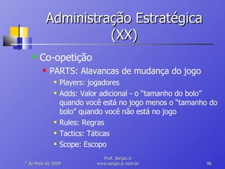 Administração Estratégica (XX) Co-opetição PARTS: Alavancas de mudança do jogo Players: jogadores Adds: Valor adicional - o “tamanho do bolo” quando você está no jogo menos o “tamanho do bolo” quando você não está no jogo Rules: Regras Tactics: Táticas Scope: Escopo 10 de Junho de 2009 Prof. Sergio.Jr www.sergio.jr.nom.br 