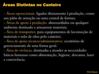 - Áreas operacionais: ligados diretamente à produção, como
um pátio de armação ou uma central de formas;
- Áreas de apoio à produção: almoxarifados ou qualquer
ambiente destinado a armazenar materiais;
- Área de transportes: para equipamentos de locomoção de
materiais e mão de obra pelo canteiro;
- Área de apoio técnico/administrativo: escritórios de
gerenciamento de uma forma geral.
- Área de vivência: destinadas a atender as necessidades
básicas humanas como alimentação, higiene, descanso, lazer
e convivência.
Áreas Distintas no Canteiro
Prof. Glauco
 