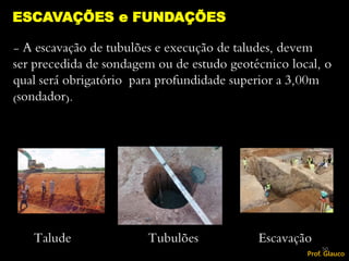 - A escavação de tubulões e execução de taludes, devem
ser precedida de sondagem ou de estudo geotécnico local, o
qual será obrigatório para profundidade superior a 3,00m
(sondador).
ESCAVAÇÕES e FUNDAÇÕES
50
Talude Tubulões Escavação
Prof. Glauco
 