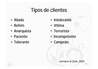 Tipos de clientes
•   Aliado            •   Intolerante
•   Refém             •   Vítima
•   Anarquista        •   Terrorista
•   Paciente          •   Incompetente
•   Tolerante         •   Campeão



                            Johnston & Clark, 2002
                                                     156
 