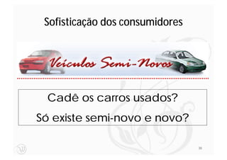 Sofisticação dos consumidores




 Cadê os carros usados?
Só existe semi-novo e novo?

                                 30
 