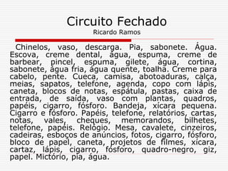 Circuito Fechado
Ricardo Ramos
Chinelos, vaso, descarga. Pia, sabonete. Água.
Escova, creme dental, água, espuma, creme de
barbear, pincel, espuma, gilete, água, cortina,
sabonete, água fria, água quente, toalha. Creme para
cabelo, pente. Cueca, camisa, abotoaduras, calça,
meias, sapatos, telefone, agenda, copo com lápis,
caneta, blocos de notas, espátula, pastas, caixa de
entrada, de saída, vaso com plantas, quadros,
papéis, cigarro, fósforo. Bandeja, xícara pequena.
Cigarro e fósforo. Papéis, telefone, relatórios, cartas,
notas, vales, cheques, memorandos, bilhetes,
telefone, papéis. Relógio. Mesa, cavalete, cinzeiros,
cadeiras, esboços de anúncios, fotos, cigarro, fósforo,
bloco de papel, caneta, projetos de filmes, xícara,
cartaz, lápis, cigarro, fósforo, quadro-negro, giz,
papel. Mictório, pia, água.
 