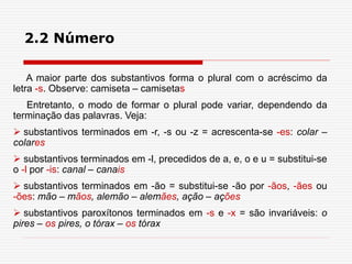 2.2 Número
A maior parte dos substantivos forma o plural com o acréscimo da
letra -s. Observe: camiseta – camisetas
Entretanto, o modo de formar o plural pode variar, dependendo da
terminação das palavras. Veja:
 substantivos terminados em -r, -s ou -z = acrescenta-se -es: colar –
colares
 substantivos terminados em -l, precedidos de a, e, o e u = substitui-se
o -l por -is: canal – canais
 substantivos terminados em -ão = substitui-se -ão por -ãos, -ães ou
-ões: mão – mãos, alemão – alemães, ação – ações
 substantivos paroxítonos terminados em -s e -x = são invariáveis: o
pires – os pires, o tórax – os tórax
 