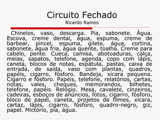 Circuito Fechado
Ricardo Ramos
Chinelos, vaso, descarga. Pia, sabonete. Água.
Escova, creme dental, água, espuma, creme de
barbear, pincel, espuma, gilete, água, cortina,
sabonete, água fria, água quente, toalha. Creme para
cabelo, pente. Cueca, camisa, abotoaduras, calça,
meias, sapatos, telefone, agenda, copo com lápis,
caneta, blocos de notas, espátula, pastas, caixa de
entrada, de saída, vaso com plantas, quadros,
papéis, cigarro, fósforo. Bandeja, xícara pequena.
Cigarro e fósforo. Papéis, telefone, relatórios, cartas,
notas, vales, cheques, memorandos, bilhetes,
telefone, papéis. Relógio. Mesa, cavalete, cinzeiros,
cadeiras, esboços de anúncios, fotos, cigarro, fósforo,
bloco de papel, caneta, projetos de filmes, xícara,
cartaz, lápis, cigarro, fósforo, quadro-negro, giz,
papel. Mictório, pia, água.
 