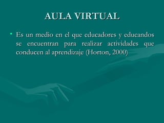 AULA VIRTUAL Es un medio en el que educadores y educandos se encuentran para realizar actividades que conducen al aprendizaje (Horton, 2000) 