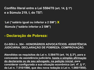 Conflito literal entre a Lei 5584/70  (art. 14, § 1º)  e a Súmula 219, I, do TST:     Lei (“salário igual ou inferior a 2 SM”)  x   Súmula (“salário inferior a 2 SM”)   - Declaração de Pobreza: OJ-SDI-I n. 304 - HONORÁRIOS ADVOCATÍCIOS. ASSISTÊNCIA JUDICIÁRIA. DECLARAÇÃO DE POBREZA. COMPROVAÇÃO. Atendidos os requisitos da Lei n. 5.584/70 (art. 14, § 2º), para a concessão da assistência judiciária,  basta a simples afirmação do declarante ou de seu advogado, na petição inicial,  para considerar configurada a sua situação econômica (art. 4º, § 1º, da Lei n. 7.510/1986, que deu nova redação à Lei n. 1.060/1950).  