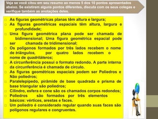 Veja se você citou em seu resumo ao menos 5 dos 10 pontos apresentados
abaixo. Se existirem alguns pontos diferentes, discuta com os seus colegas e
verifique também as anotações deles.
□ As figuras geométricas planas têm altura e largura;
□ As figuras geométricas espaciais têm altura, largura e
profundidade;
□ Uma figura geométrica plana pode ser chamada de
bidimensional; Uma figura geométrica espacial pode
ser chamada de tridimensional;
□ Os polígonos formados por três lados recebem o nome
de triângulos, por quatro lados recebem o
nome de quadriláteros;
□ A circunferência possui o formato redondo. A parte interna
da circunferência é chamada de círculo.
□ As figuras geométricas espaciais podem ser Poliedros e
Não poliedros;
□ Paralelepípedo, pirâmide de base quadrada e prisma de
base triangular são poliedros;
□ Cilindro, esfera e cone são os chamados corpos redondos;
□ Poliedros são formados por três elementos
básicos: vértices, arestas e faces.
□ Um poliedro é considerado regular quando suas faces são
polígonos regulares e congruentes.
 