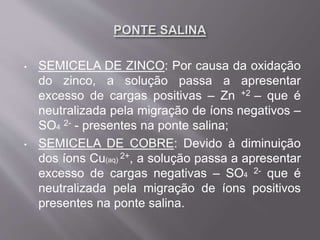 • SEMICELA DE ZINCO: Por causa da oxidação
do zinco, a solução passa a apresentar
excesso de cargas positivas – Zn +2 – que é
neutralizada pela migração de íons negativos –
SO4
2- - presentes na ponte salina;
• SEMICELA DE COBRE: Devido à diminuição
dos íons Cu(aq)
2+, a solução passa a apresentar
excesso de cargas negativas – SO4
2- que é
neutralizada pela migração de íons positivos
presentes na ponte salina.
 