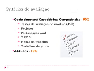 Critérios de avaliação
3
Conhecimentos/ Capacidades/ Competências - 90%
 Testes de avaliação do módulo (45%)
 Projetos
 Participação oral
 T.P.C.’s
 Fichas de trabalho
 Trabalhos de grupo
Atitudes - 10%
 