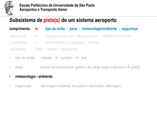 Escola Politécnica da Universidade de São Paulo
Aeroportos e Transporte Aéreo
Subsistema de pista(s) de um sistema aeroporto
comprimento m tipo de avião - peso - meteorologia/ambiente - segurança
espessura m frequência de uso - carga no solo - resistência do solo
quantidade u movimentos na hora-pico - ventos
orientação o mag ventos - topografia
• tipo de avião missão  projeto  asa
• peso pesos característicos, gráfico de carga paga x alcance ( pista)
• meteorologia - ambiente
• segurança decolagem (normal, em pane e abortada), aterragem
 