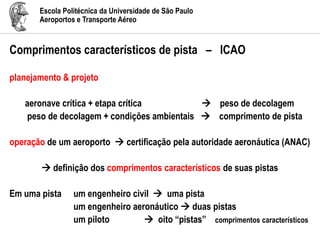 Escola Politécnica da Universidade de São Paulo
Aeroportos e Transporte Aéreo
Comprimentos característicos de pista – ICAO
planejamento & projeto
aeronave crítica + etapa crítica  peso de decolagem
peso de decolagem + condições ambientais  comprimento de pista
operação de um aeroporto  certificação pela autoridade aeronáutica (ANAC)
 definição dos comprimentos característicos de suas pistas
Em uma pista um engenheiro civil  uma pista
um engenheiro aeronáutico  duas pistas
um piloto  oito “pistas” comprimentos característicos
 