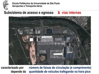 Escola Politécnica da Universidade de São Paulo
Aeroportos e Transporte Aéreo
Subsistema de acesso e egresso & vias internas
caracterizado por número de faixas de circulação (e comprimento)
depende da quantidade de veículos trafegando na hora pico
 