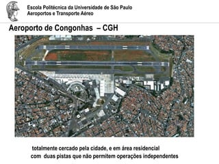 Escola Politécnica da Universidade de São Paulo
Aeroportos e Transporte Aéreo
Aeroporto de Congonhas – CGH
totalmente cercado pela cidade, e em área residencial
com duas pistas que não permitem operações independentes
 