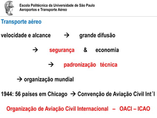 Escola Politécnica da Universidade de São Paulo
Aeroportos e Transporte Aéreo
Transporte aéreo
velocidade e alcance  grande difusão
 segurança & economia
 padronização técnica
 organização mundial
1944: 56 países em Chicago  Convenção de Aviação Civil Int´l
Organização de Aviação Civil Internacional – OACI – ICAO
 