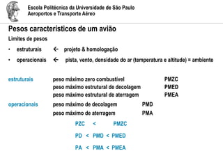 Escola Politécnica da Universidade de São Paulo
Aeroportos e Transporte Aéreo
Pesos característicos de um avião
Limites de pesos
• estruturais  projeto & homologação
• operacionais  pista, vento, densidade do ar (temperatura e altitude) = ambiente
estruturais peso máximo zero combustível PMZC
peso máximo estrutural de decolagem PMED
peso máximo estrutural de aterragem PMEA
operacionais peso máximo de decolagem PMD
peso máximo de aterragem PMA
PZC < PMZC
PD < PMD < PMED
PA < PMA < PMEA
 
