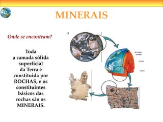 MINERAIS
Onde se encontram?
Toda
a camada sólida
superficial
da Terra é
constituída por
ROCHAS, e os
constituintes
básicos das
rochas são os
MINERAIS.
 