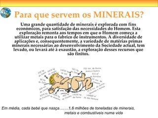 Para que servem os MINERAIS?
Uma grande quantidade de minerais é explorada com fins
económicos, para satisfação das necessidades do Homem. Esta
exploração remonta aos tempos em que o Homem começa a
utilizar metais para o fabrico de instrumentos. A diversidade de
aplicações e, consequentemente, a variedade de matérias primas
minerais necessárias ao desenvolvimento da Sociedade actual, tem
levado, ou levará até à exaustão, a exploração desses recursos que
são finitos.
Em média, cada bebé que nasça….…1,6 milhões de toneladas de minerais,
metais e combustíveis numa vida
 