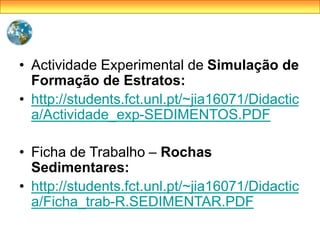 • Actividade Experimental de Simulação de
Formação de Estratos:
• http://students.fct.unl.pt/~jia16071/Didactic
a/Actividade_exp-SEDIMENTOS.PDF
• Ficha de Trabalho – Rochas
Sedimentares:
• http://students.fct.unl.pt/~jia16071/Didactic
a/Ficha_trab-R.SEDIMENTAR.PDF
 