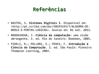 Referências

●   BASTOS, S. Sistemas Digitais I. Disponível em:
    <http://pt.scribd.com/doc/50293193/7/ALGEBRA-DE-
    BOOLE-E-PORTAS-LOGICAS>. Acesso em: 02 out. 2012.
●   BROOKSHEAR, J. Ciência da computação: uma visão
    abrangente. 3. ed. Rio de Janeiro: Bookman, 2005.
●   FEDELI, R.; POLLONI, E.; PERES, F. Introdução à
    Ciência da Computação. 2. ed. São Paulo: Pioneira
    Thompson Learning, 2003.
 