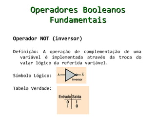 Operadores Booleanos
          Fundamentais

Operador NOT (inversor)

Definição: A operação de complementação de uma
   variável é implementada através da troca do
   valar lógico da referida variável.

Símbolo Lógico:

Tabela Verdade:
 