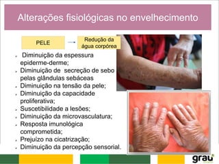 D
Alterações fisiológicas no envelhecimento
PELE
 Diminuição da espessura
epiderme-derme;
 Diminuição de secreção de sebo
pelas glândulas sebáceas
 Diminuição na tensão da pele;
 Diminuição da capacidade
proliferativa;
 Suscetibilidade a lesões;
 Diminuição da microvasculatura;
 Resposta imunológica
comprometida;
 Prejuízo na cicatrização;
 Diminuição da percepção sensorial.
Redução da
água corpórea
 