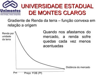 UNIVERSIDADE ESTADUAL
               DE MONTES CLAROS
    Gradiente de Renda da terra – função convexa em
    relação a origem
Renda por                     Quando nos afastamos do
unidade                       mercado, a renda sofre
da terra
                              quedas cada vez menos
                              acentuadas




                                         Distância do mercado

        Pm   Preço FOB (Pf)
 