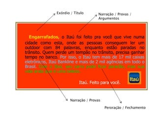 Publicidade e Propaganda Engarrafados,   o Itaú foi feito pra você que vive numa cidade como esta, onde as pessoas conseguem ler um outdoor com 84 palavras, enquanto estão paradas no trânsito.   Quem perde um tempão no trânsito, precisa ganhar tempo no banco.  Por isso, o Itaú tem mais de 17 mil caixas eletrônicos, Itaú Bankline e mais de 2 mil agências em todo o Brasil.   Com o Itaú, seu carro pode ficar paradão, mas sua vida anda que é uma beleza.  Itaú. Feito para você.  Exórdio / Título Narração / Provas / Argumentos Narração / Provas Peroração / Fechamento 