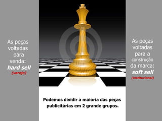 Podemos dividir a maioria das peças  publicitárias em 2 grande grupos. As peças  voltadas  para venda:  hard sell   (varejo) As peças voltadas para a  construção  da marca:  soft sell (institucional) 