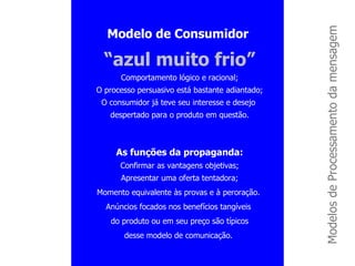 Modelos de Processamento da mensagem  Modelo de Consumidor  “ azul muito frio” Comportamento lógico e racional; O processo persuasivo está bastante adiantado; O consumidor já teve seu interesse e desejo  despertado para o produto em questão. As funções da propaganda: Confirmar as vantagens objetivas; Apresentar uma oferta tentadora; Momento equivalente às provas e à peroração.  Anúncios focados nos benefícios tangíveis  do produto ou em seu preço são típicos desse modelo de comunicação.  