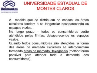 UNIVERSIDADE ESTADUAL DE
              MONTES CLAROS

À medida que se distribuem no espaço, as áreas
circulares tendem a se tangenciar desaparecendo os
espaços vazios.
No longo prazo – todos os consumidores serão
atendidos pelas firmas, desaparecendo os espaços
vazios.
Quando todos consumidores são atendidos, a forma
das áreas de mercado circulares se interconectam
formando áreas de mercado Hexagonais (melhor forma
possível para atender toda a demanda dos
consumidores).
 