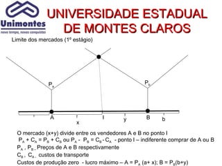 UNIVERSIDADE ESTADUAL
               DE MONTES CLAROS
Limite dos mercados (1º estágio)




              Pa                                     Pb




               A                    l        y        B     b
                          x
  O mercado (x+y) divide entre os vendedores A e B no ponto l
  PA + CA = PB + CB ou PA - PB = CB - CA - ponto l – indiferente comprar de A ou B
  PA , PB – Preços de A e B respectivamente
  CB , CA - custos de transporte
  Custos de produção zero - lucro máximo – A = PA (a+ x); B = PB(b+y)
 