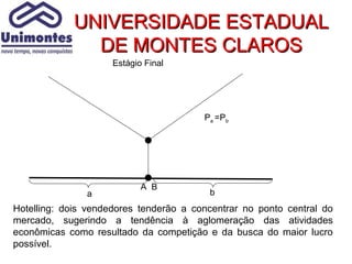 UNIVERSIDADE ESTADUAL
              DE MONTES CLAROS
                     Estágio Final




                                        Pa =Pb




                            A B
               a                         b
Hotelling: dois vendedores tenderão a concentrar no ponto central do
mercado, sugerindo a tendência à aglomeração das atividades
econômicas como resultado da competição e da busca do maior lucro
possível.
 