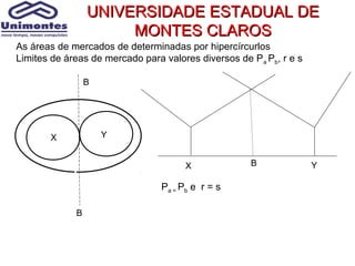 UNIVERSIDADE ESTADUAL DE
                      MONTES CLAROS
As áreas de mercados de determinadas por hipercírcurlos
Limites de áreas de mercado para valores diversos de Pa Pb, r e s

                 B




       X             Y


                                      X              B              Y

                                Pa = Pb e r = s

             B
 