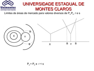UNIVERSIDADE ESTADUAL DE
                    MONTES CLAROS
Limites de áreas de mercado para valores diversos de Pa Pb, r e s




                       B
       X         Y


                      B                X             B Y    B




                     Pa = Pb e r < s
 