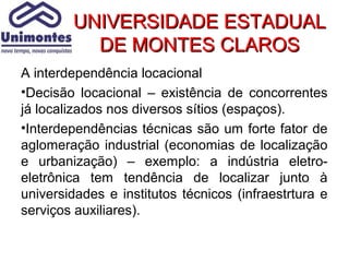 UNIVERSIDADE ESTADUAL
          DE MONTES CLAROS
A interdependência locacional
•Decisão locacional – existência de concorrentes
já localizados nos diversos sítios (espaços).
•Interdependências técnicas são um forte fator de
aglomeração industrial (economias de localização
e urbanização) – exemplo: a indústria eletro-
eletrônica tem tendência de localizar junto à
universidades e institutos técnicos (infraestrtura e
serviços auxiliares).
 
