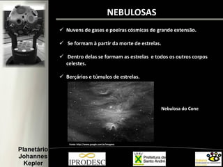 NEBULOSAS
 Nuvens de gases e poeiras cósmicas de grande extensão.
 Se formam à partir da morte de estrelas.
 Dentro delas se formam as estrelas e todos os outros corpos
celestes.
 Berçários e túmulos de estrelas.
Fonte: http://www.google.com.br/imagens
Nebulosa do Cone
 