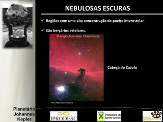  Regiões com uma alta concentração de poeira interestelar.
 São berçários estelares.
NEBULOSAS ESCURAS
Cabeça do Cavalo
Fonte: Observatório Nacional
 